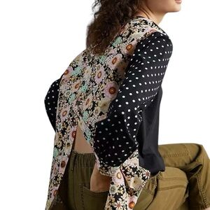 Anthropologie Maeve Split-Back Blouse Black Polka Dot Floral Top